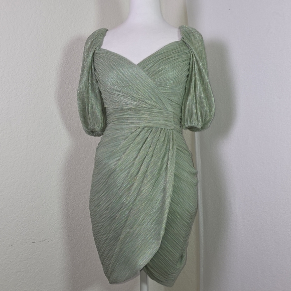 Jonathan Simkhai Metallic Sage Green Ruched Puff Sleeve Mini Cocktail Dress Sz 0 - Picture 1 of 14